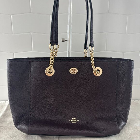 Coach Turnlock Chain Tote - Pebbled Leather - Eggplant/Dark Mauve - Picture 1 of 11